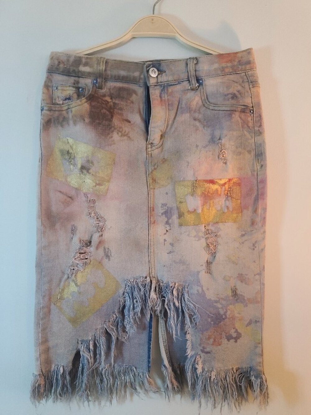 MP Mix Power Jeans Graphic Distressed Frayed Denim Midi Skirt Y2K